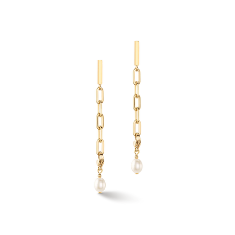 Modern chain earrings with freshwater pearl charms gold 1112/21-1416
