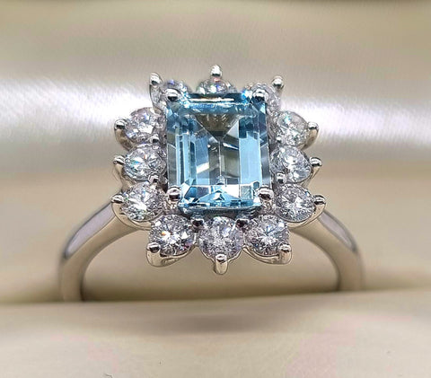 Platinum Emerald Cut Aquamarine & Brilliant Cut Diamond Cluster Ring 2.30ct £2275