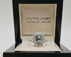 Platinum Emerald Cut Aquamarine & Brilliant Cut Diamond Cluster Ring 2.30ct £2275