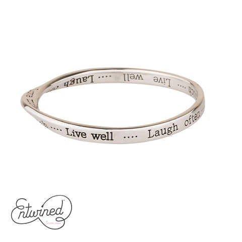 ENTWINED LIVE WELL, LAUGH OFTEN, LOVE MUCH SILVER MESSAGE BANGLE
